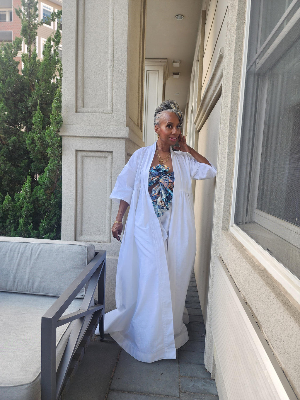 Harusi Kimono:  White Linen Maxi Duster Coat
