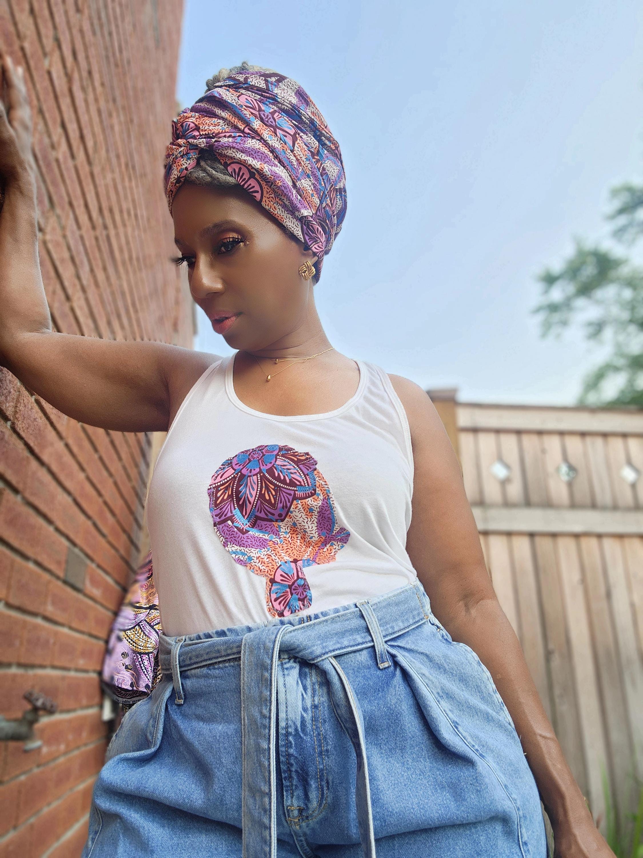 African Boho Tank Top with Headwrap, Glitter Wax Kimono Coordinate, Goddess Design