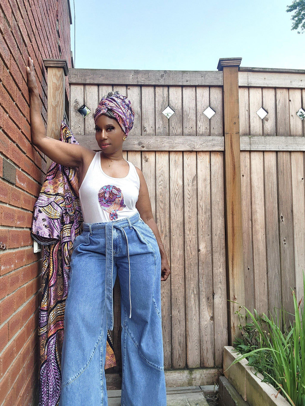 African Boho Tank Top with Headwrap, Glitter Wax Kimono Coordinate, Goddess Design