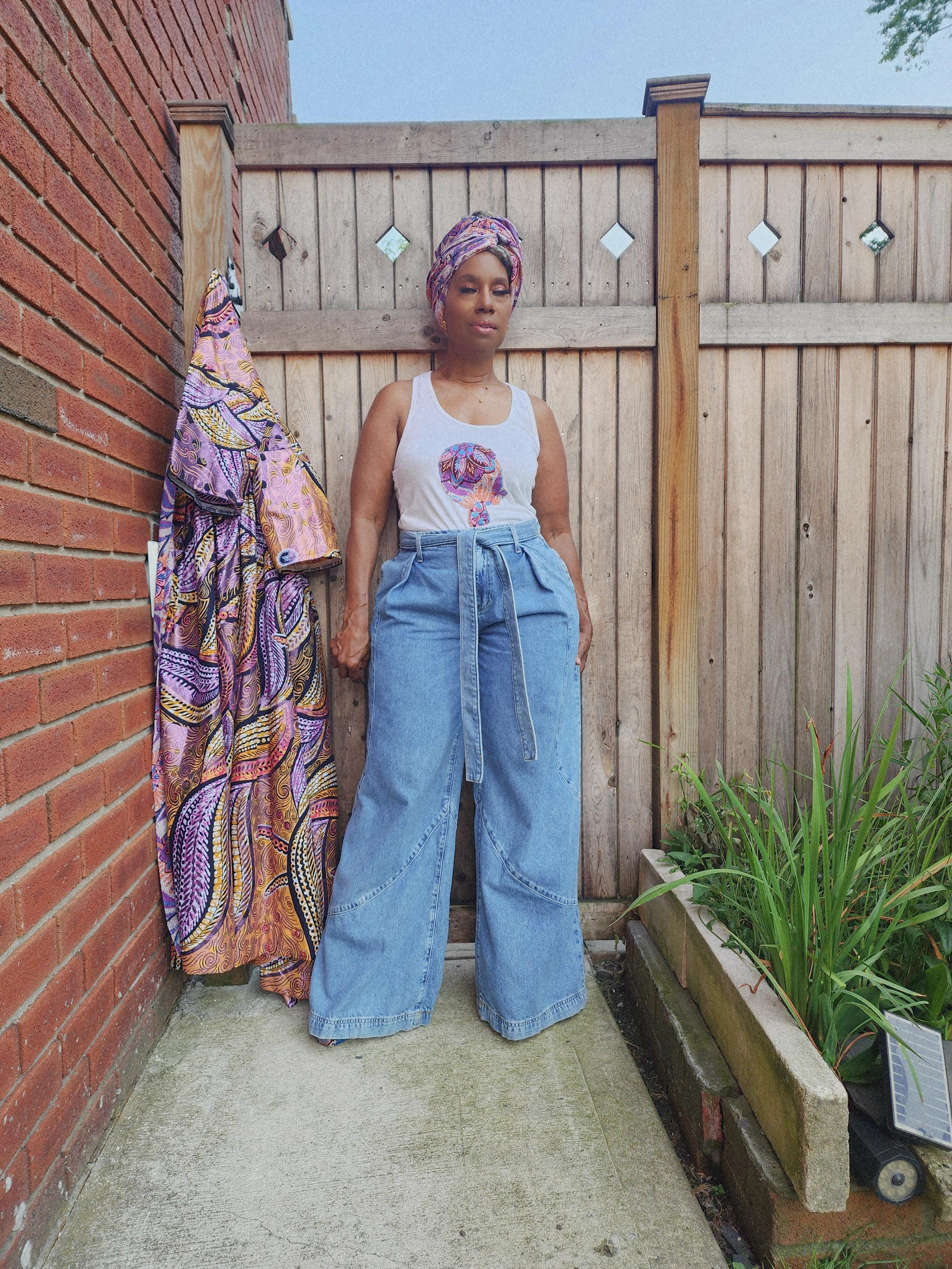 African Boho Tank Top with Headwrap, Glitter Wax Kimono Coordinate, Goddess Design