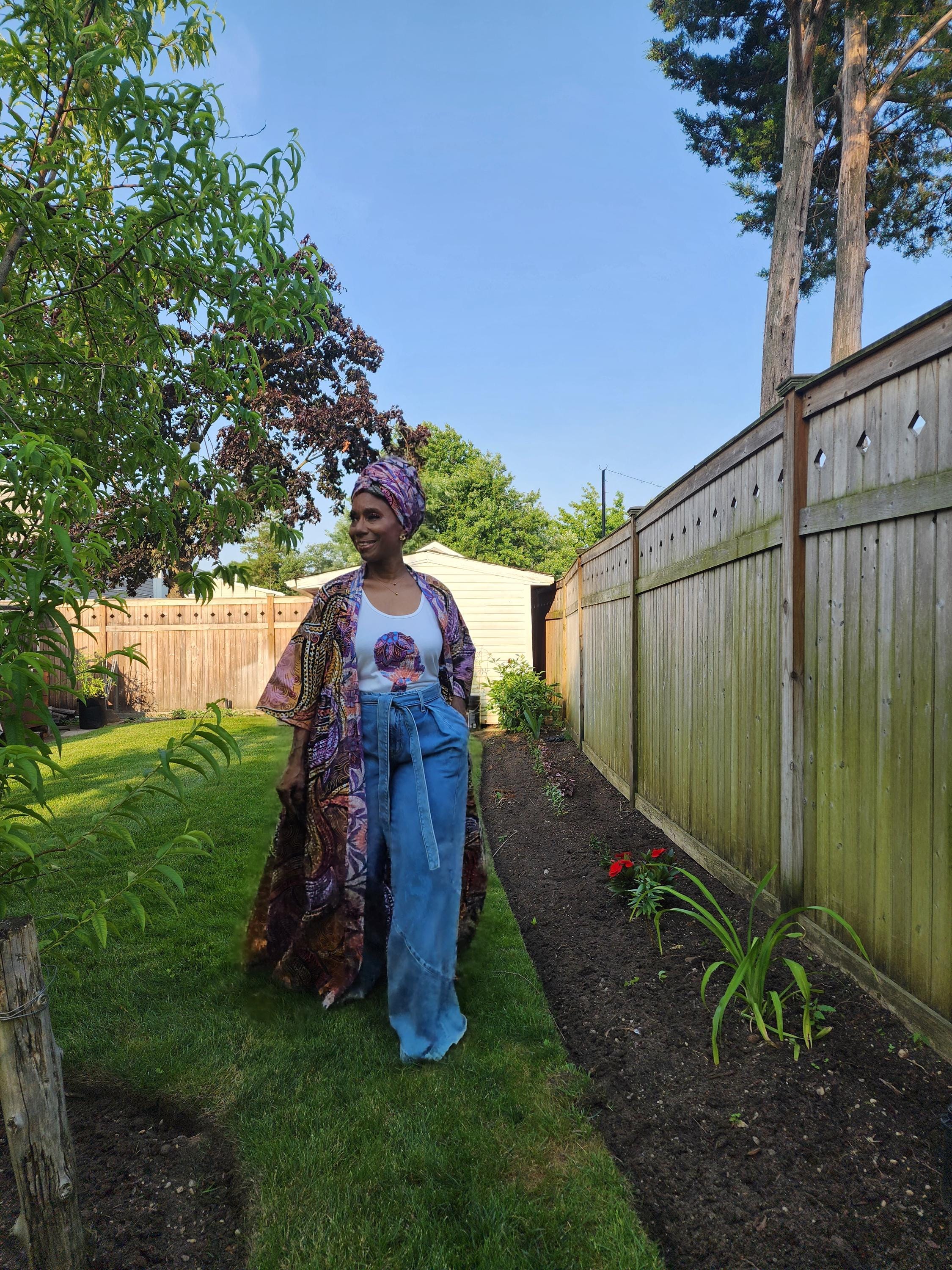 African Boho Tank Top with Headwrap, Glitter Wax Kimono Coordinate, Goddess Design