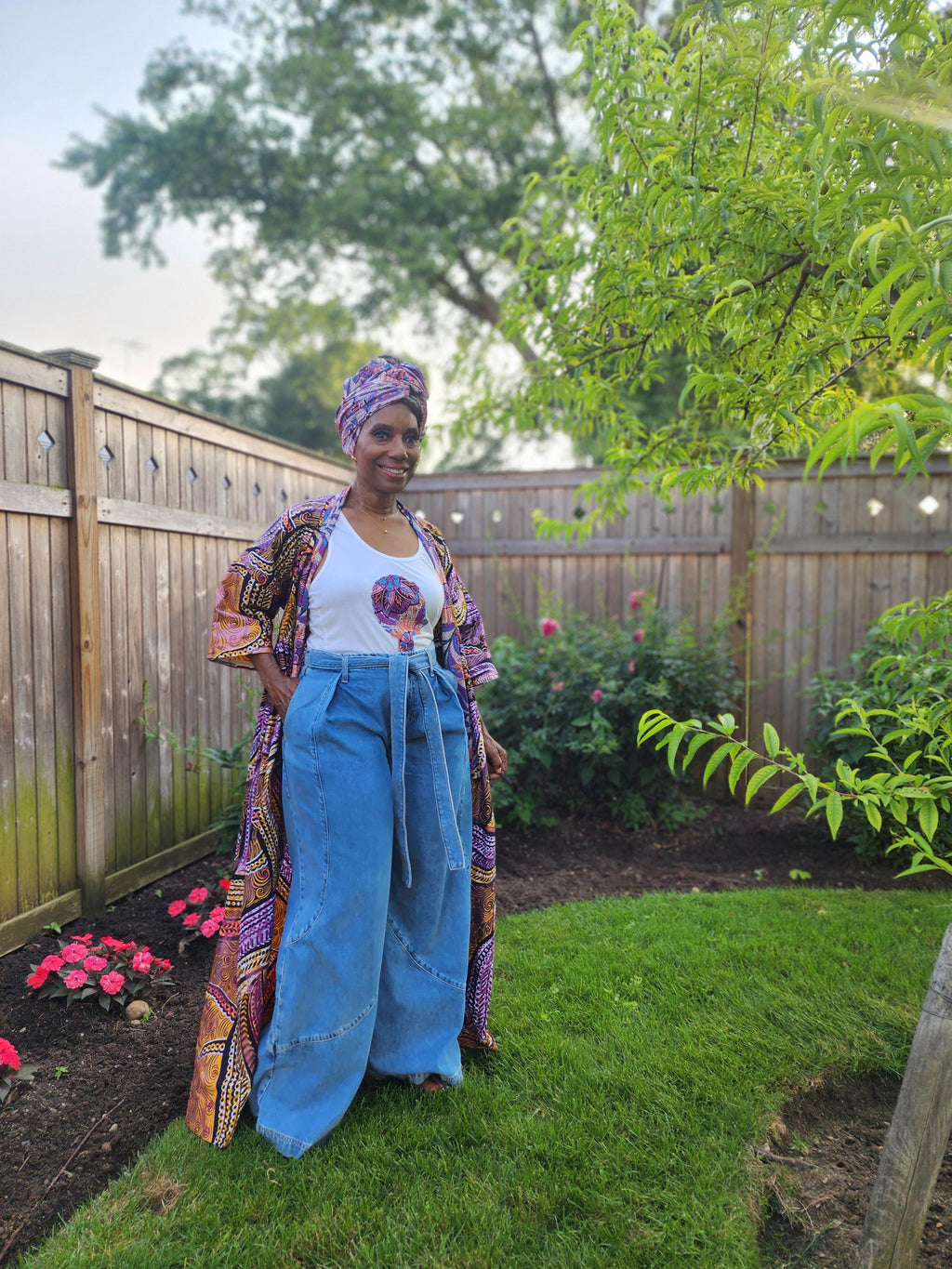 African Boho Tank Top with Headwrap, Glitter Wax Kimono Coordinate, Goddess Design