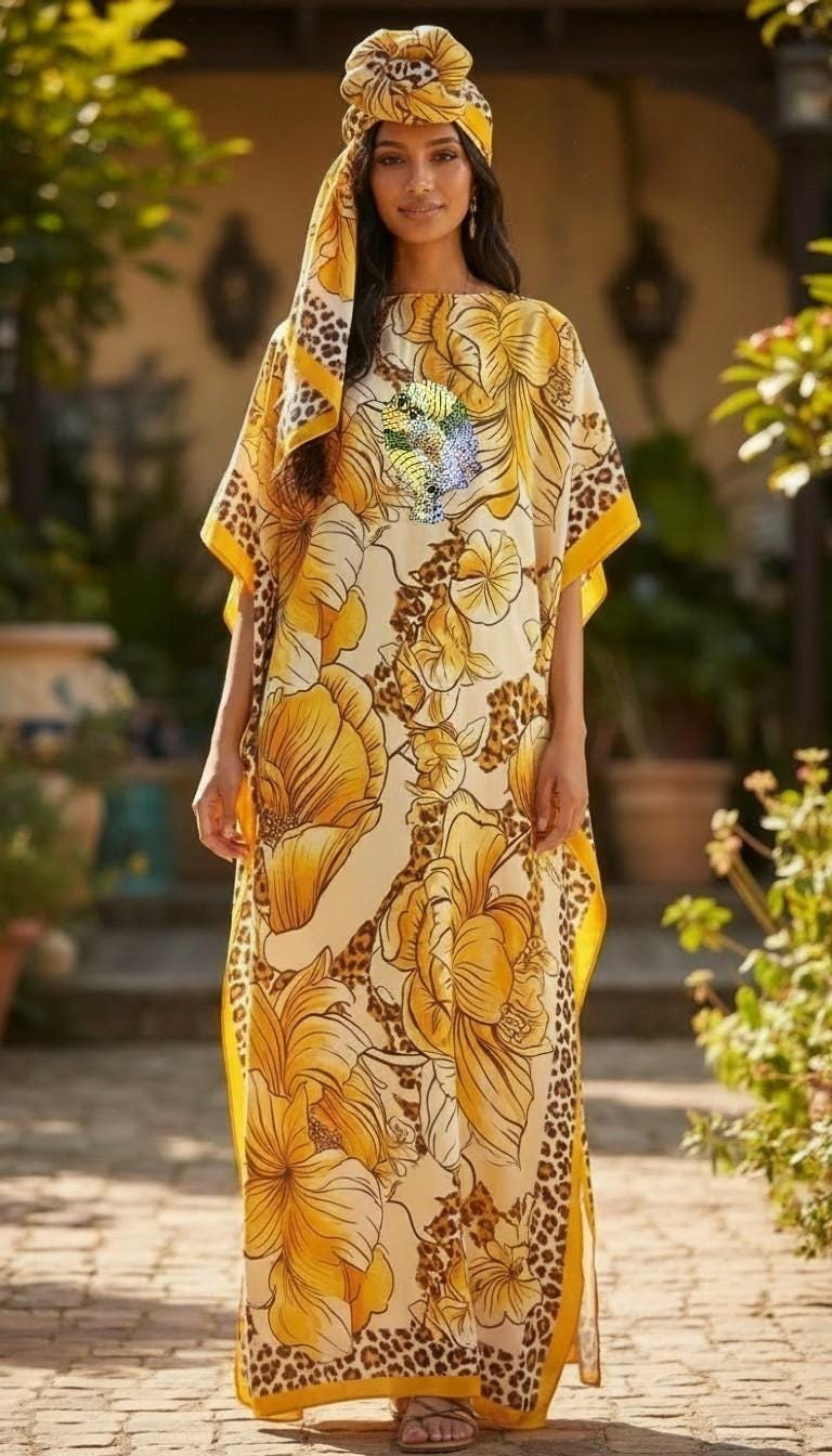 Sequin Afro-Girl Kaftan Dress with Scarf – Flowy Vacation Maxi Dress