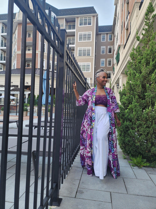 Floral Glitter African Wax Kimono: Maxi Duster Coat