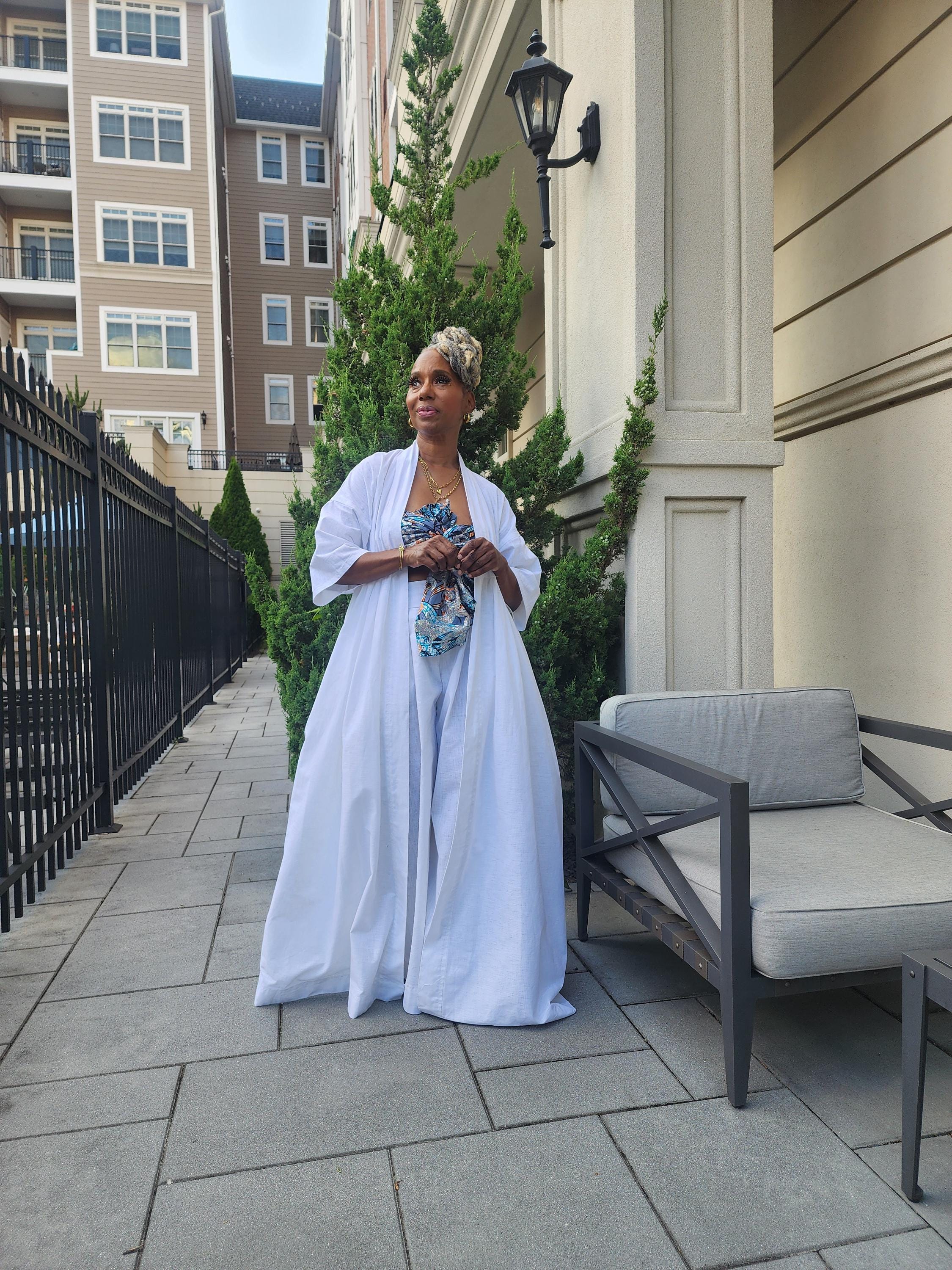 Harusi Kimono:  White Linen Maxi Duster Coat