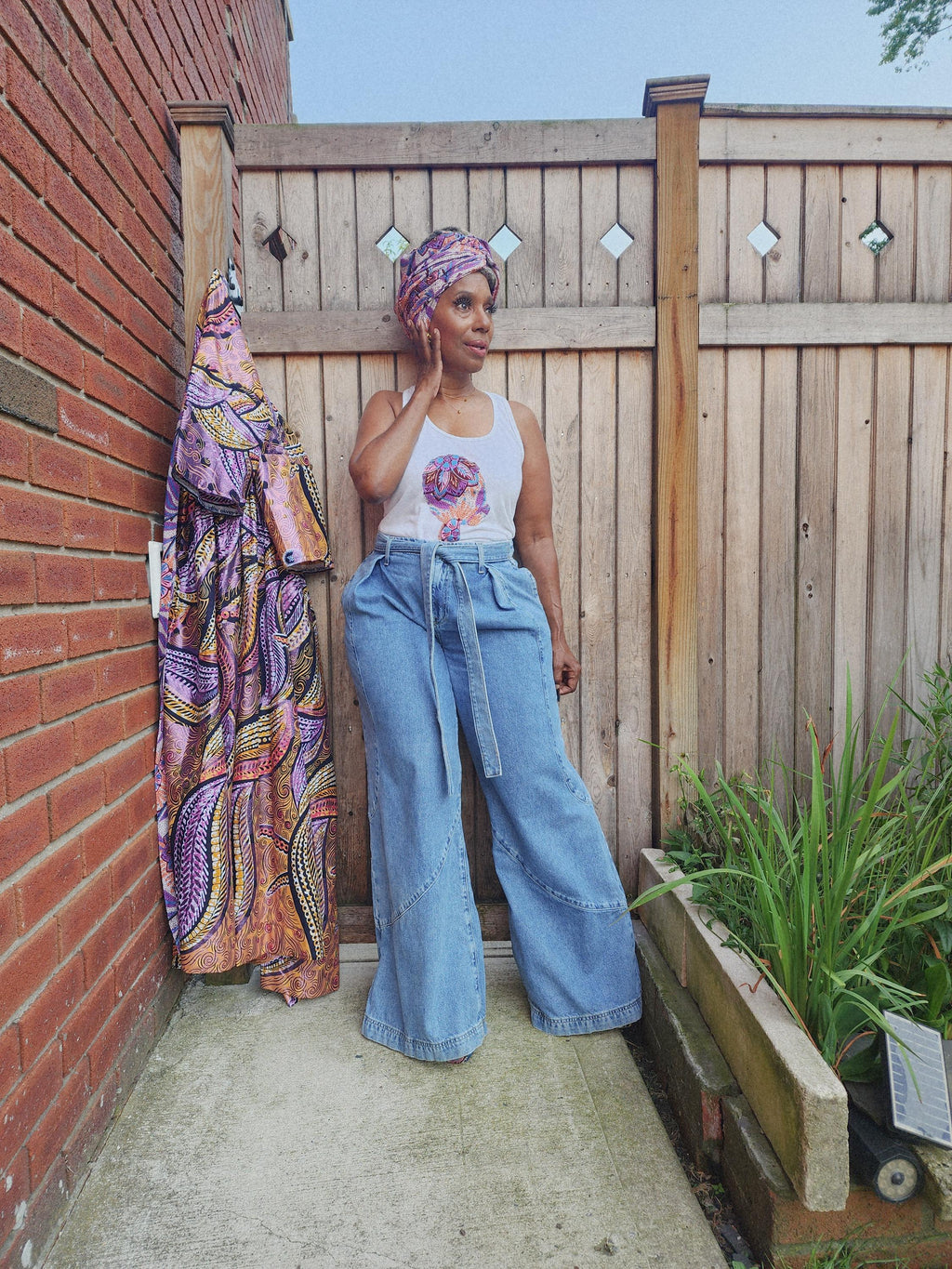 African Boho Tank Top with Headwrap, Glitter Wax Kimono Coordinate, Goddess Design