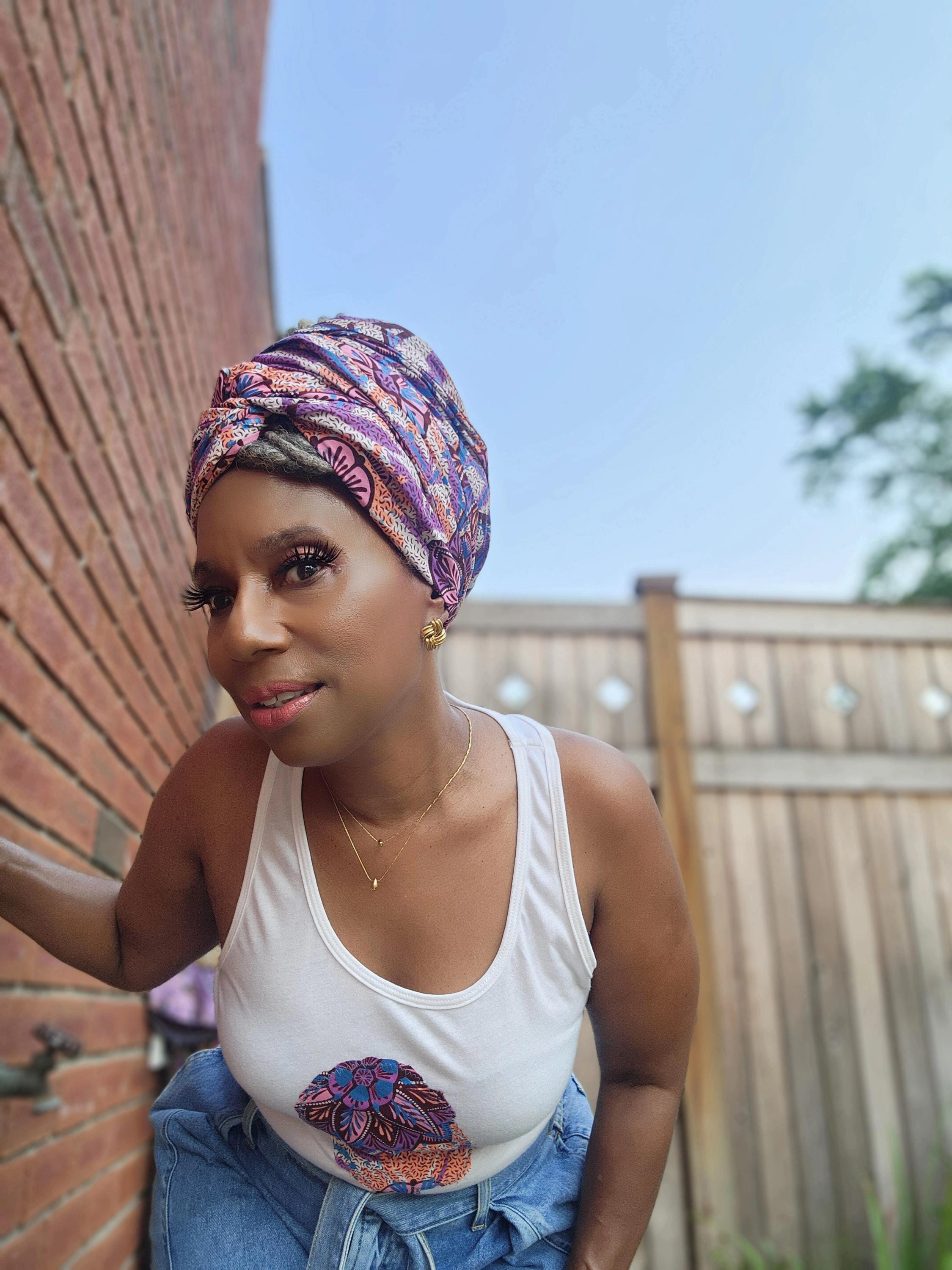 African Boho Tank Top with Headwrap, Glitter Wax Kimono Coordinate, Goddess Design