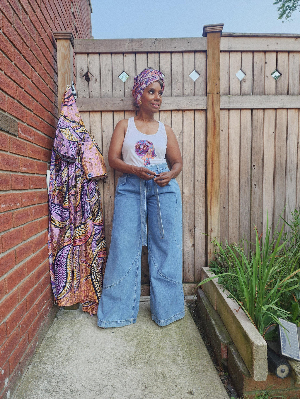 African Boho Tank Top with Headwrap, Glitter Wax Kimono Coordinate, Goddess Design