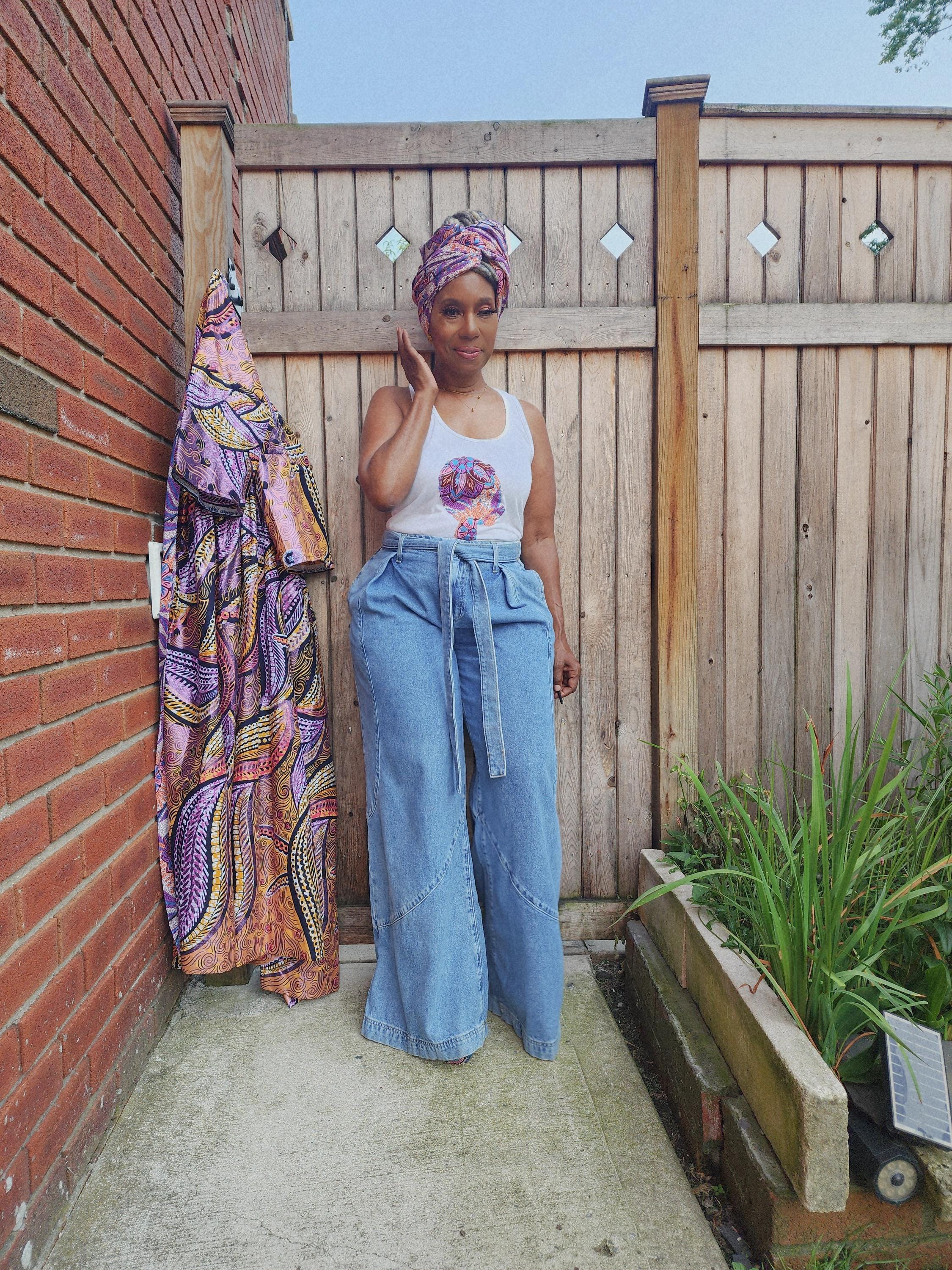 African Boho Tank Top with Headwrap, Glitter Wax Kimono Coordinate, Goddess Design