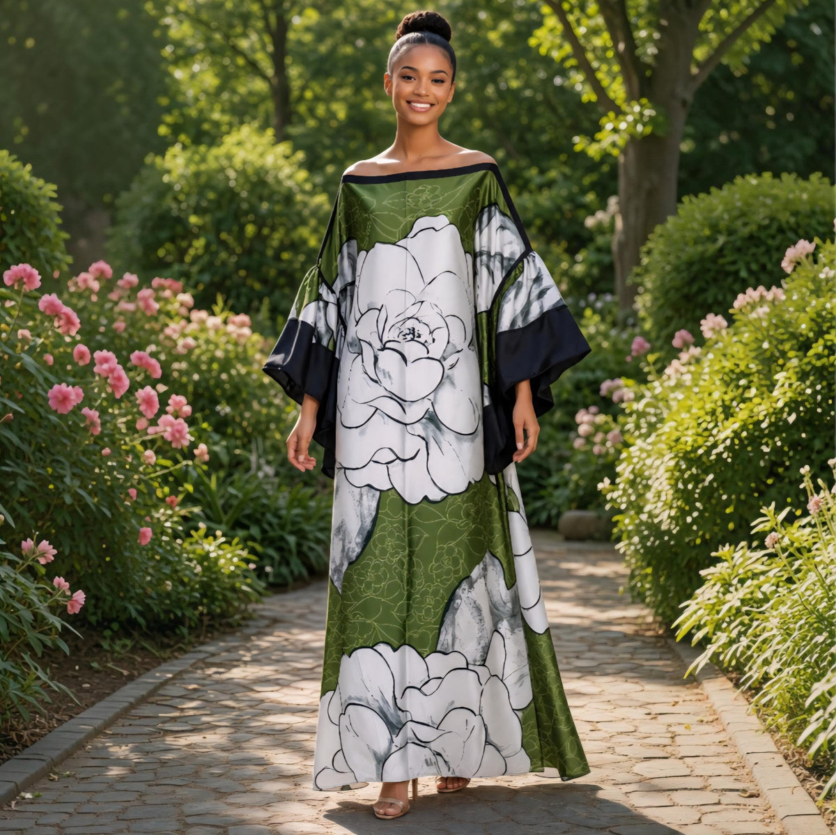 Li Li Ruffle SleeveKaftan Dress: Black, White, and Green  Floral Dress, One Size
