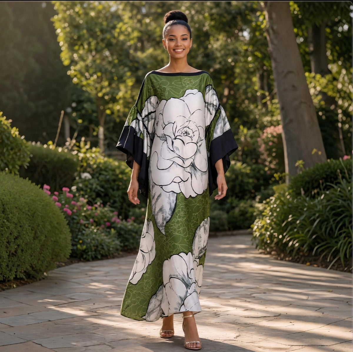 Li Li Ruffle SleeveKaftan Dress: Black, White, and Green  Floral Dress, One Size