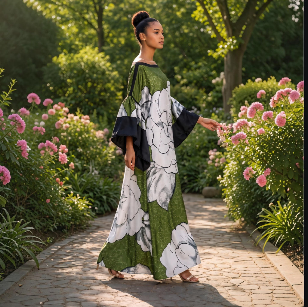 Li Li Ruffle SleeveKaftan Dress: Black, White, and Green  Floral Dress, One Size