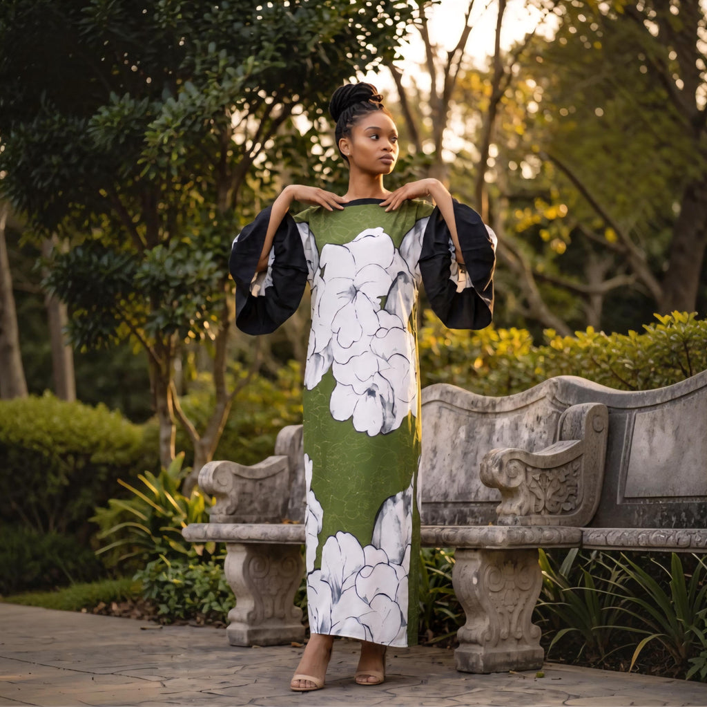 Li Li Ruffle SleeveKaftan Dress: Black, White, and Green  Floral Dress, One Size