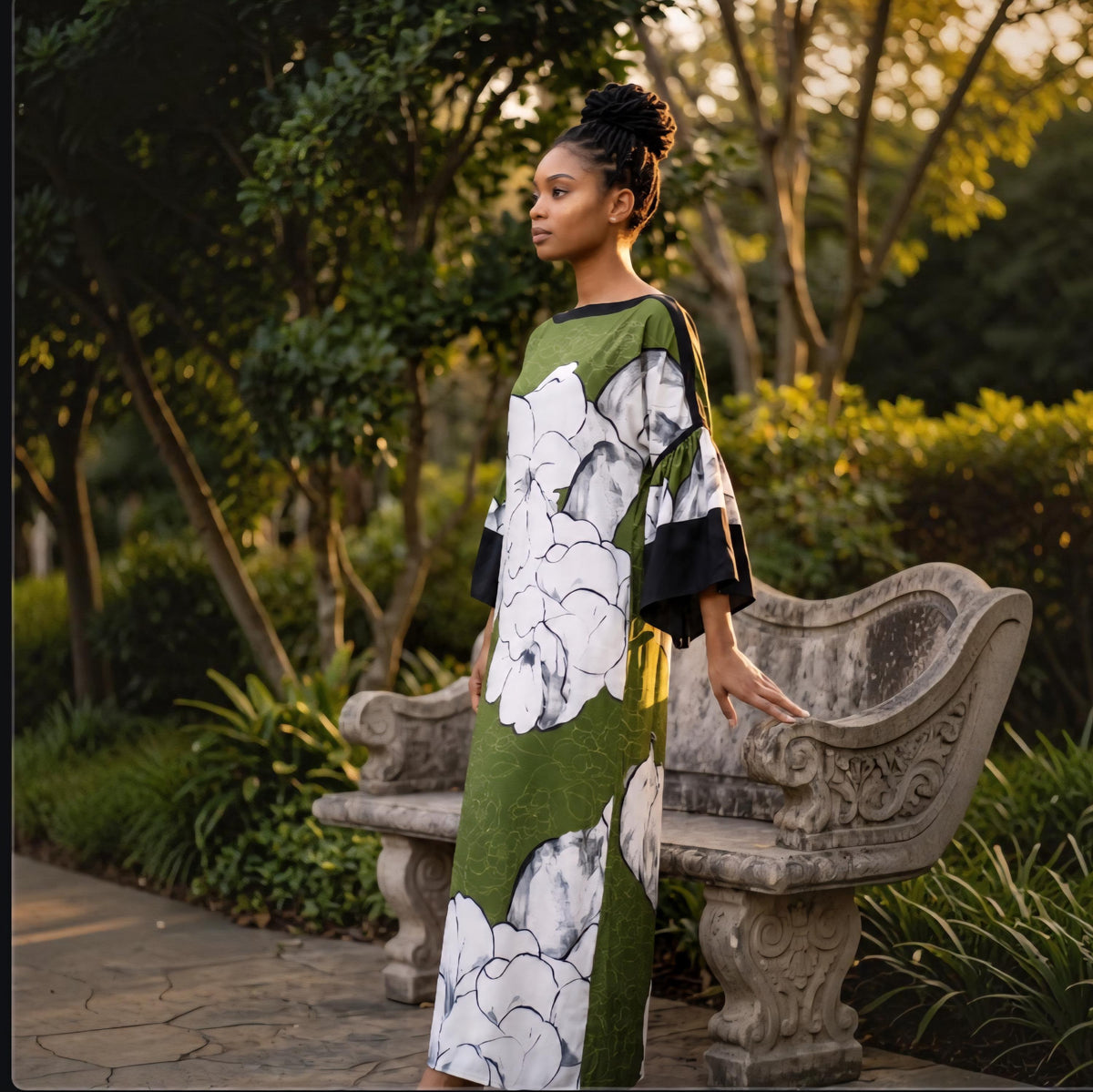 Li Li Ruffle SleeveKaftan Dress: Black, White, and Green  Floral Dress, One Size