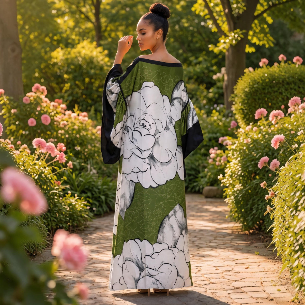 Li Li Ruffle SleeveKaftan Dress: Black, White, and Green  Floral Dress, One Size