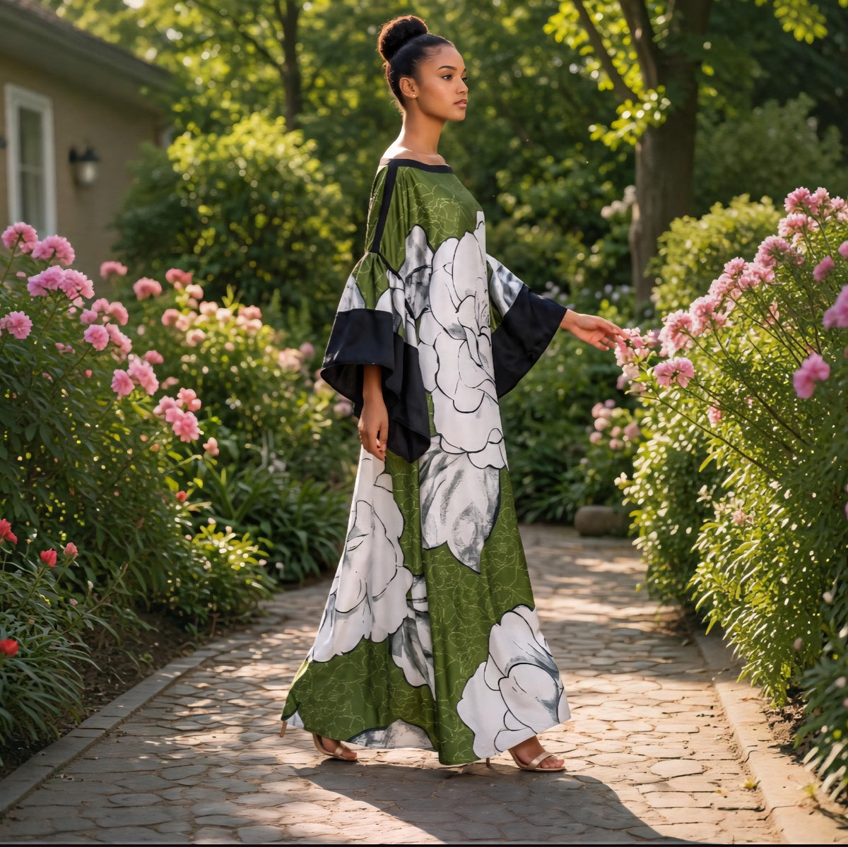 Li Li Ruffle SleeveKaftan Dress: Black, White, and Green  Floral Dress, One Size