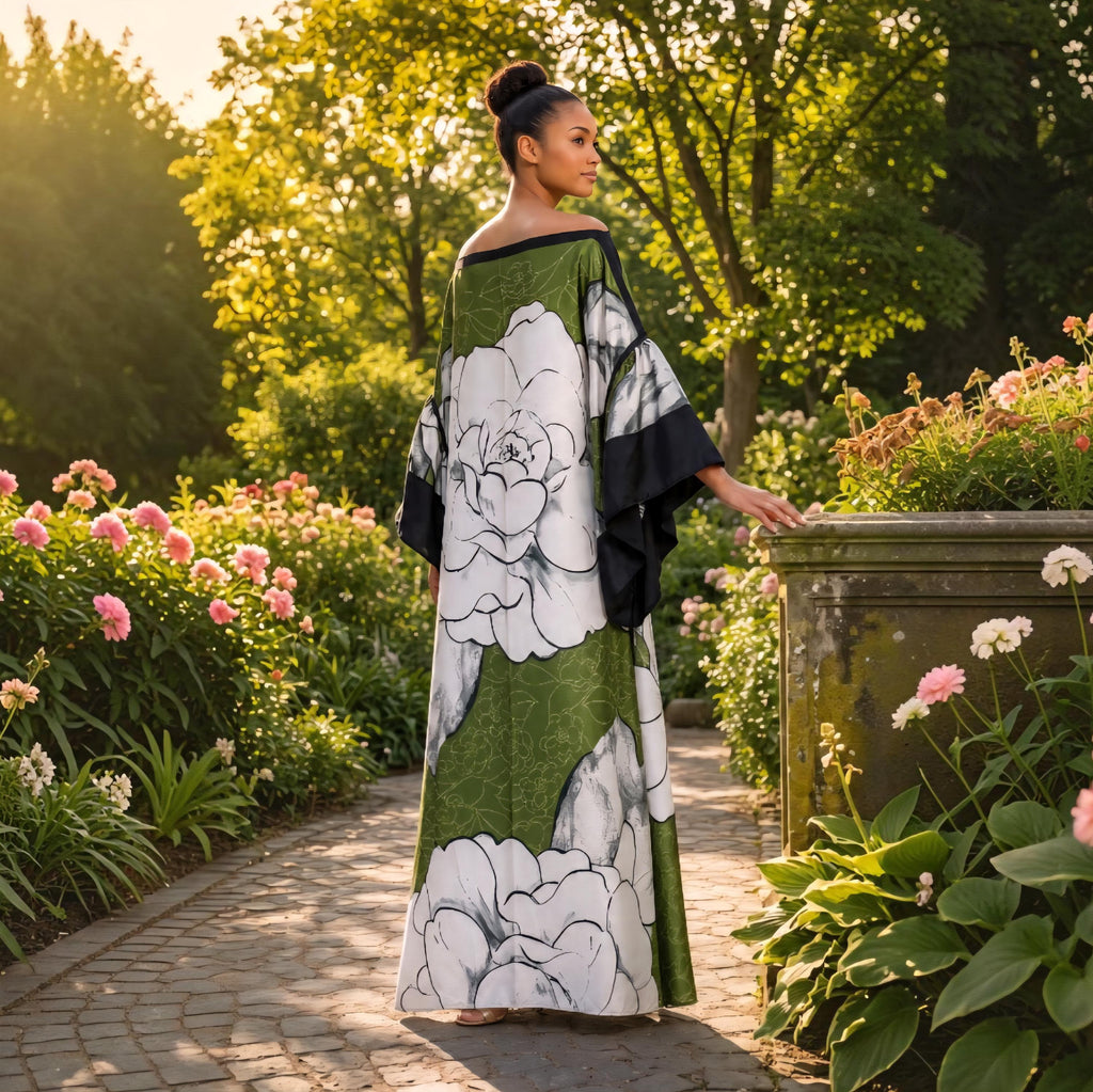 Li Li Ruffle SleeveKaftan Dress: Black, White, and Green  Floral Dress, One Size