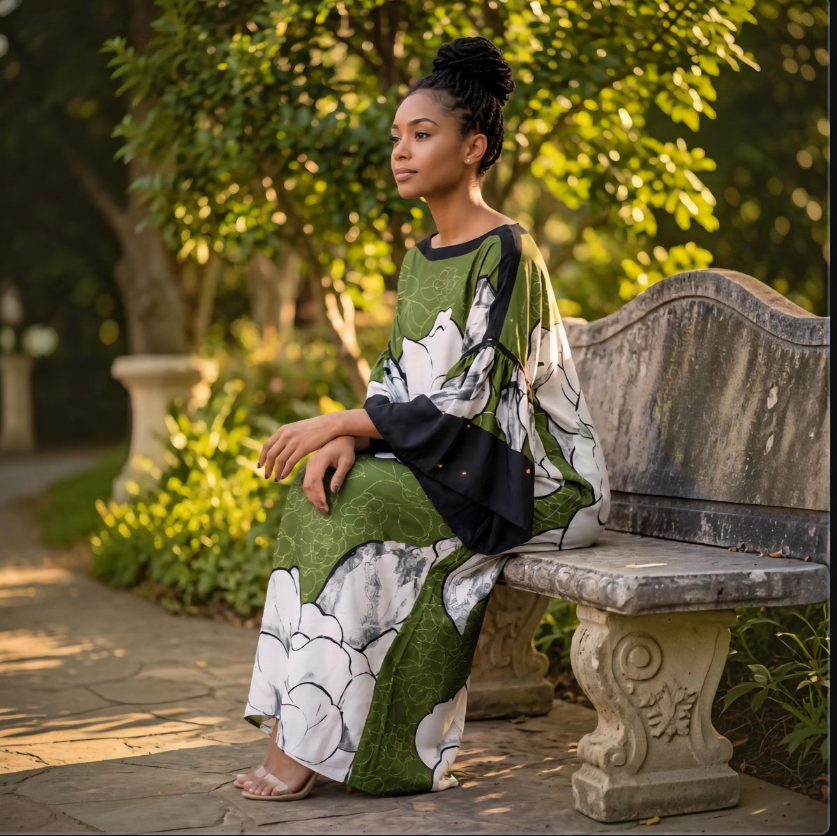 Li Li Ruffle SleeveKaftan Dress: Black, White, and Green  Floral Dress, One Size