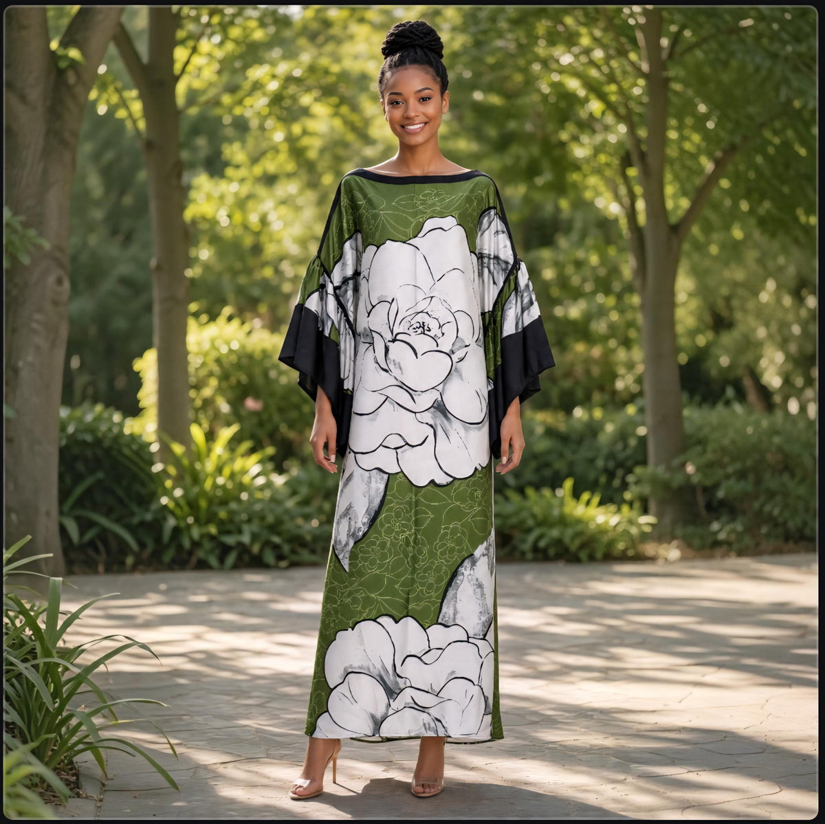 Li Li Ruffle SleeveKaftan Dress: Black, White, and Green  Floral Dress, One Size