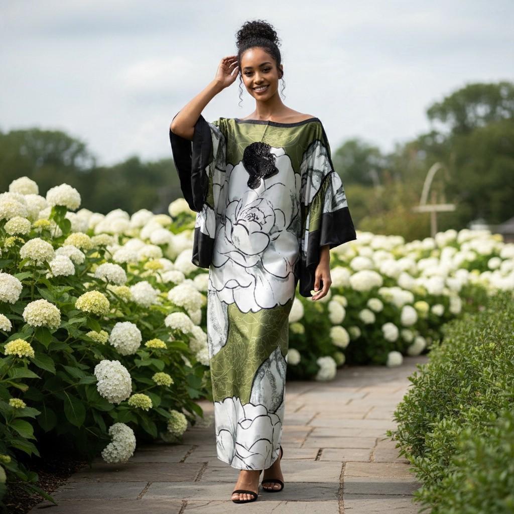 Li Li Ruffle SleeveKaftan Dress: Black, White, and Green  Floral Dress, One Size