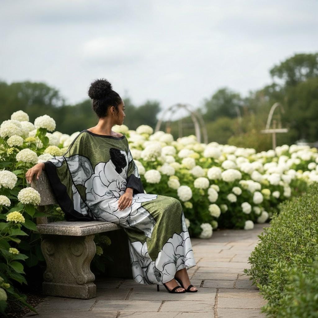 Li Li Ruffle SleeveKaftan Dress: Black, White, and Green  Floral Dress, One Size