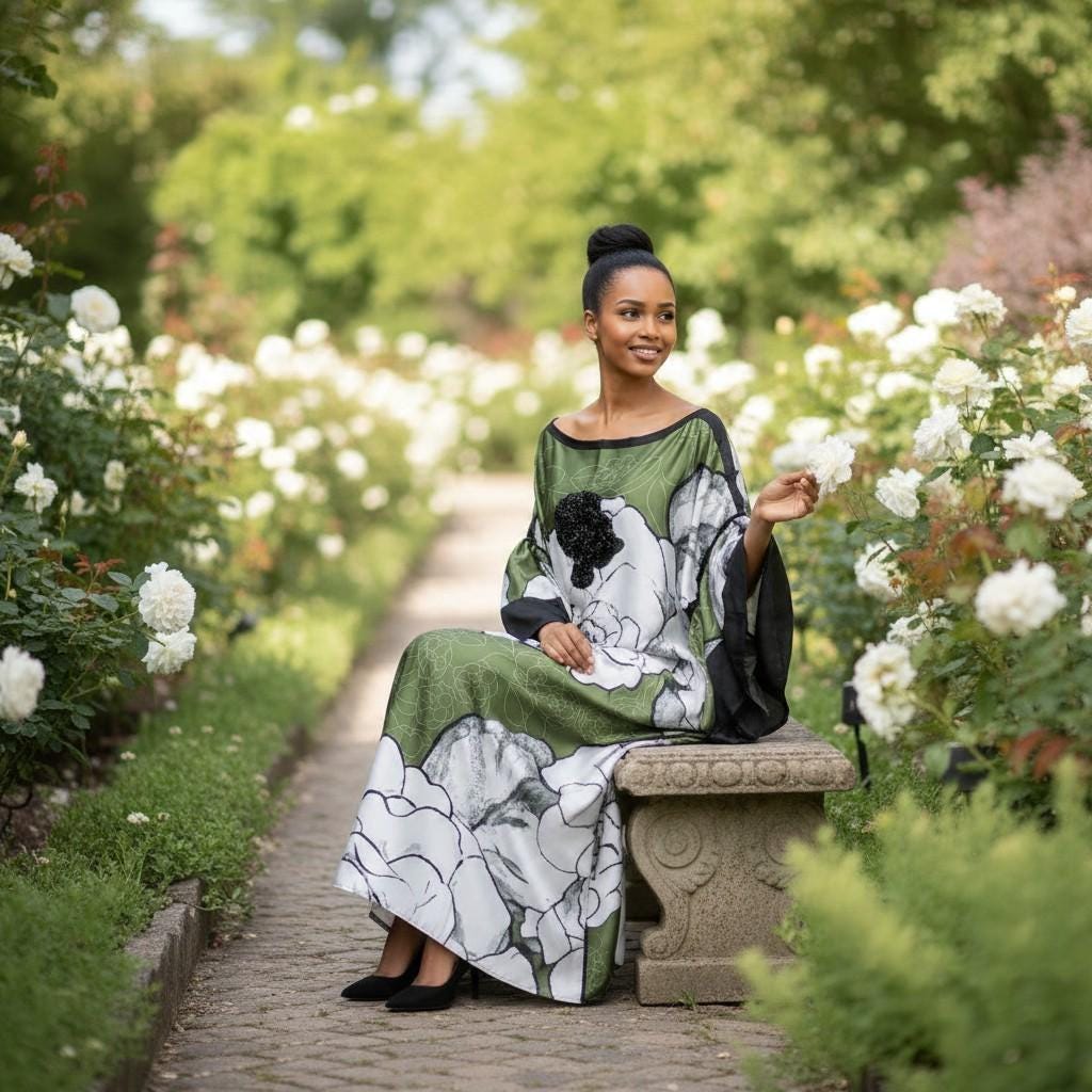 Li Li Ruffle SleeveKaftan Dress: Black, White, and Green  Floral Dress, One Size
