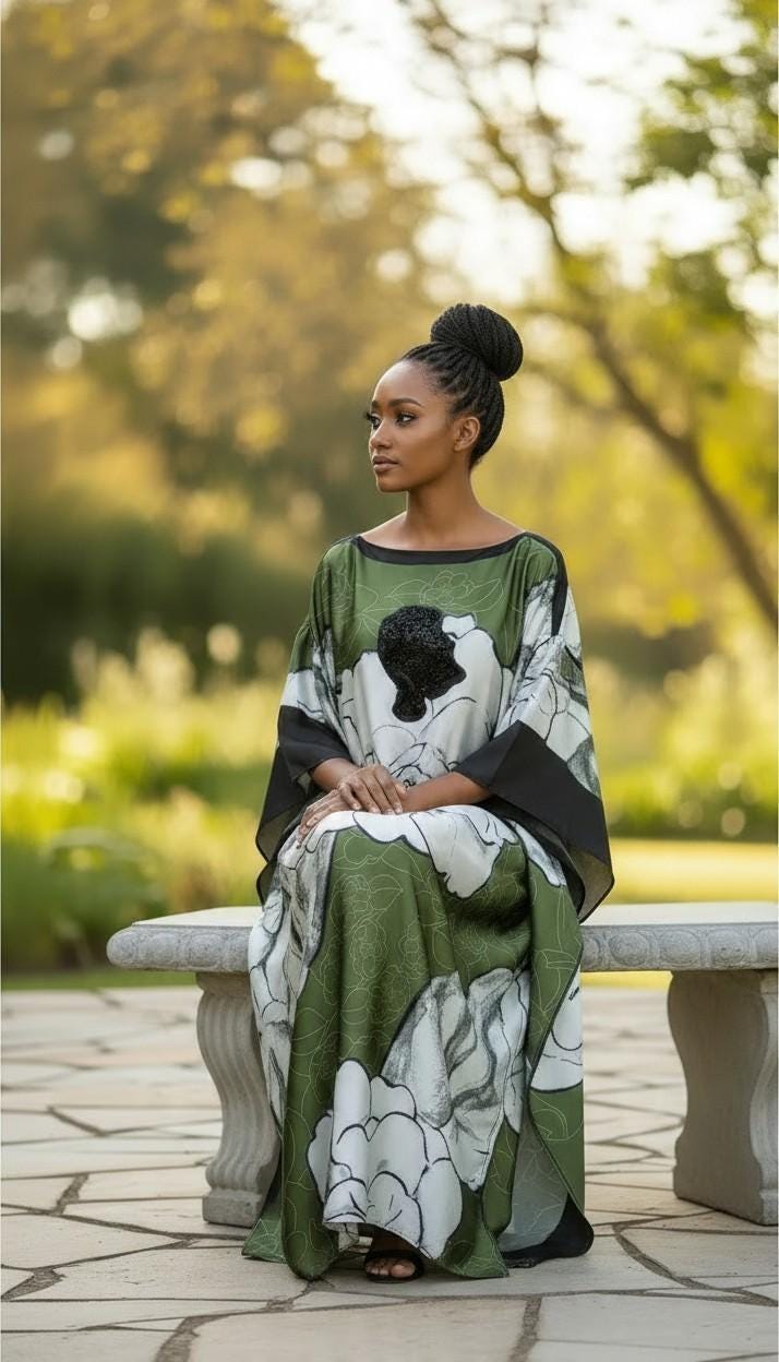 Li Li Ruffle SleeveKaftan Dress: Black, White, and Green  Floral Dress, One Size