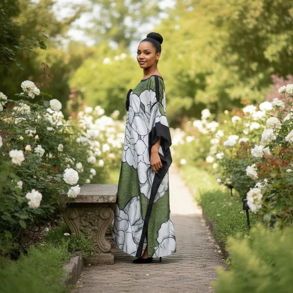 Li Li Ruffle SleeveKaftan Dress: Black, White, and Green  Floral Dress, One Size