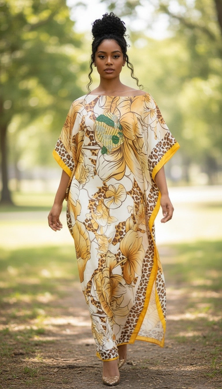 Sequin Afro-Girl Kaftan Dress with Scarf – Flowy Vacation Maxi Dress