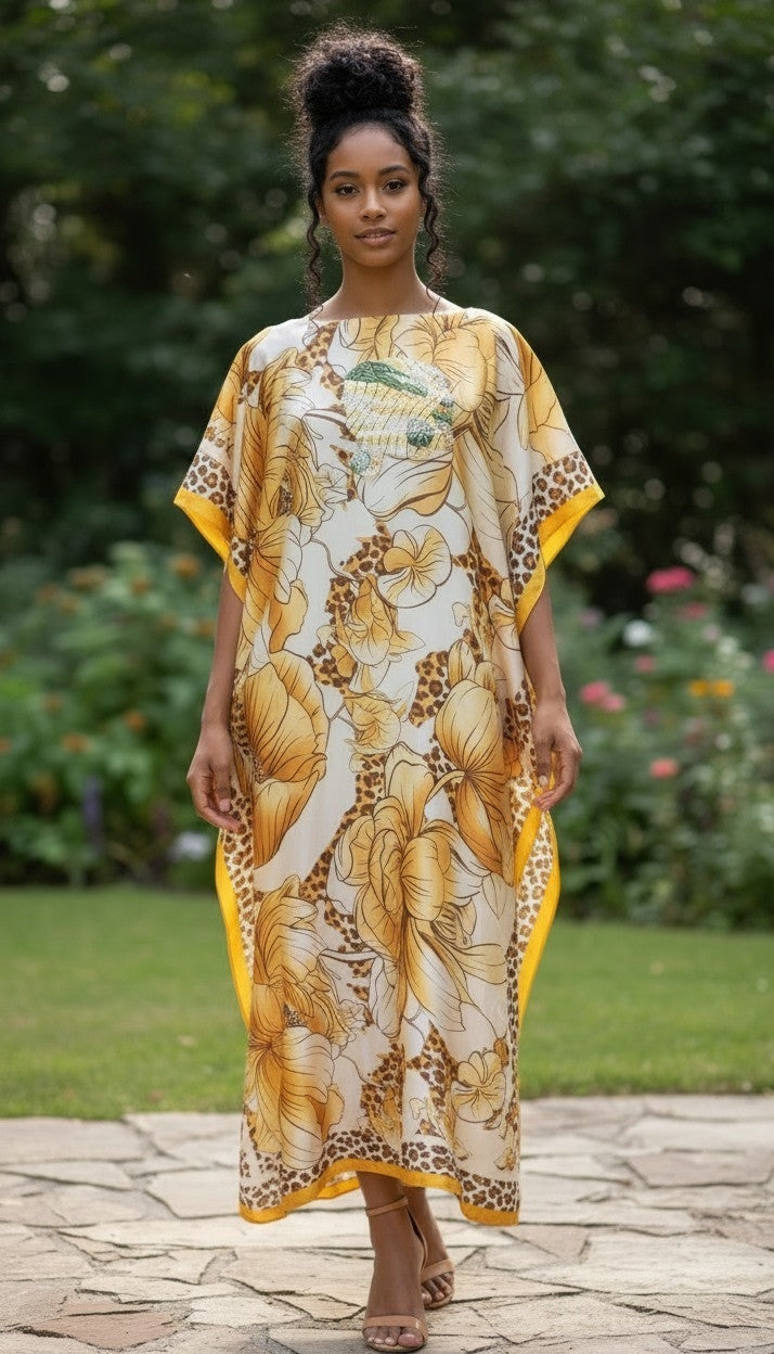 Sequin Afro-Girl Kaftan Dress with Scarf – Flowy Vacation Maxi Dress