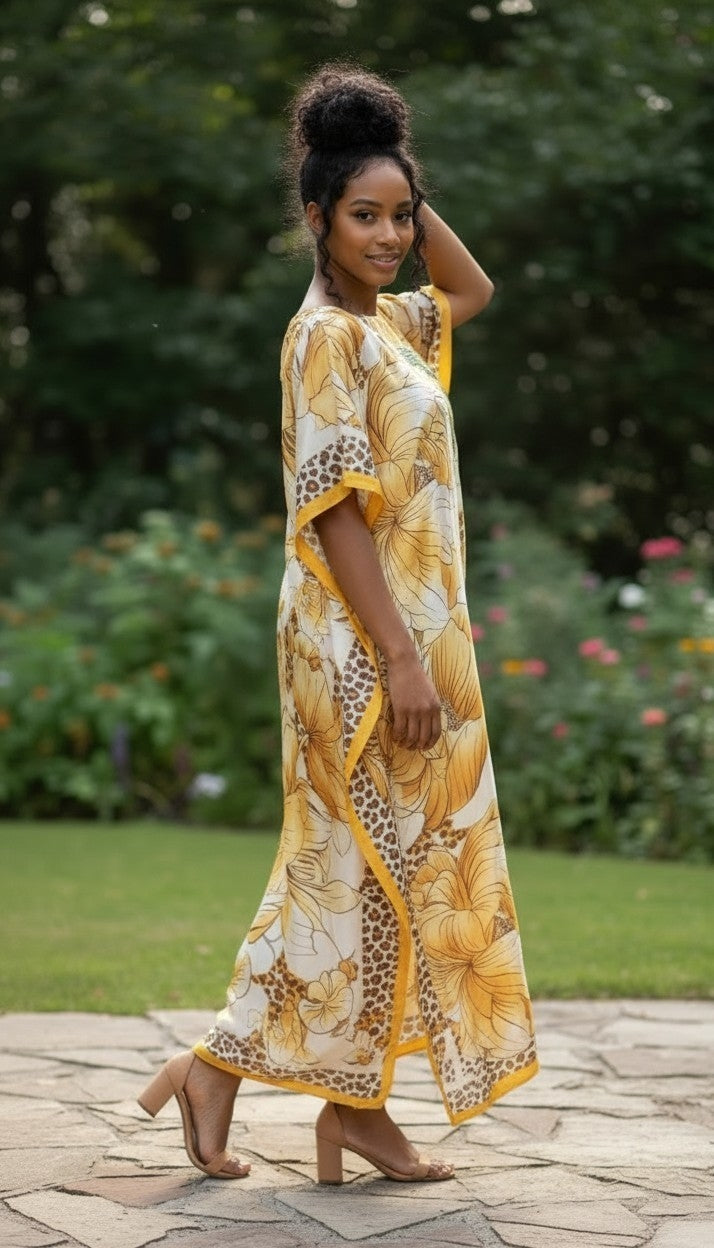Sequin Afro-Girl Kaftan Dress with Scarf – Flowy Vacation Maxi Dress