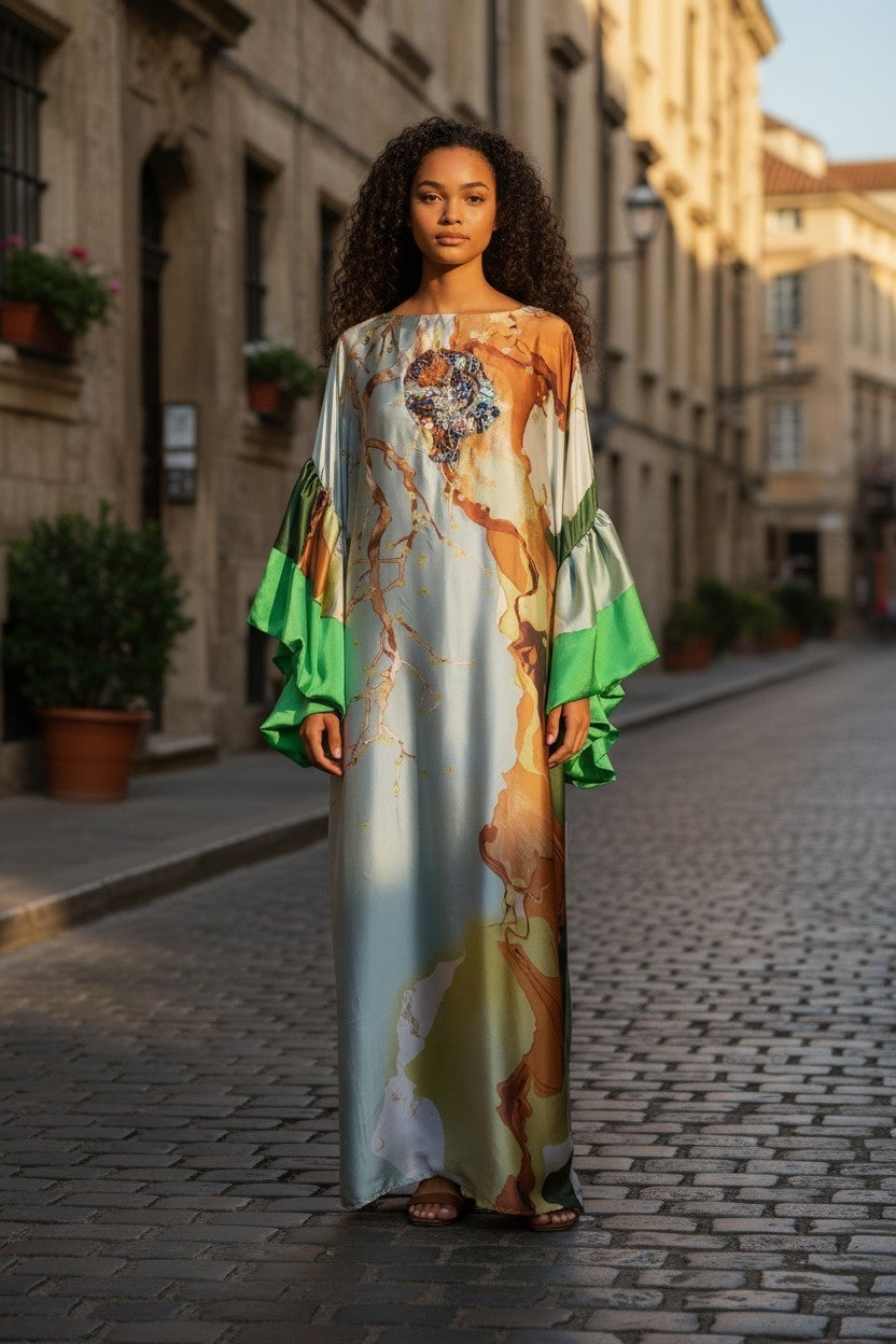 Sequin Kaftan Dress: Green, Gold, Orange Floral, One Size