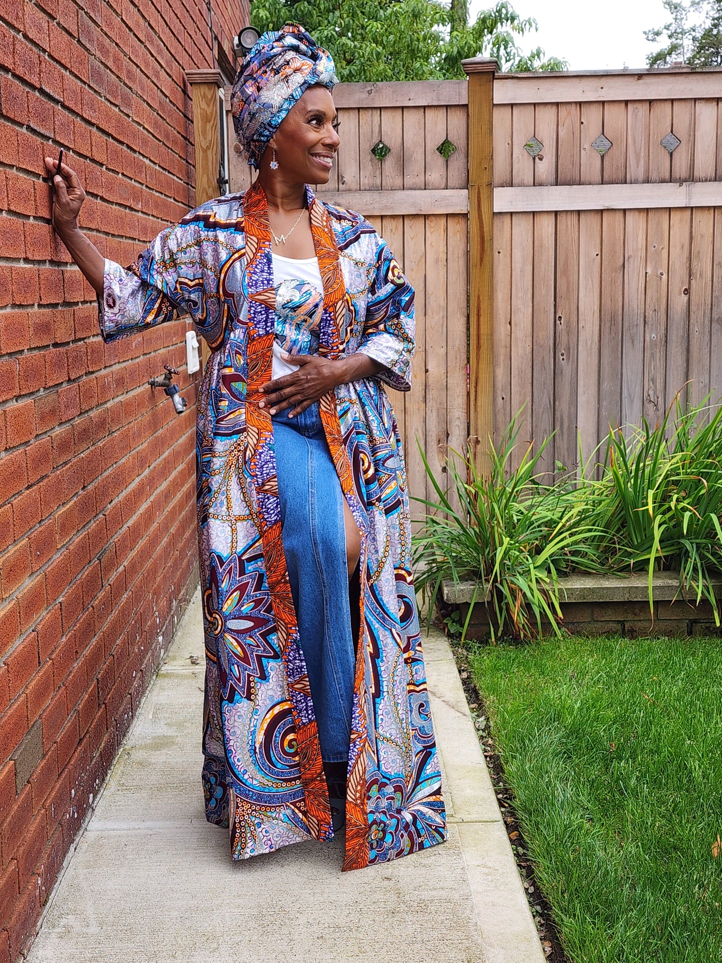 Harusi Kimono, Floral Glitter African Wax Kimono for Women, Maxi Duster Coat, Ankara Robe