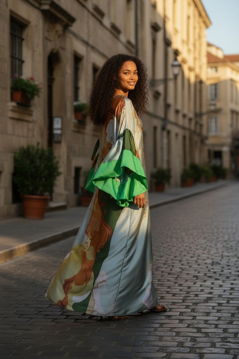 Sequin Kaftan Dress: Green, Gold, Orange Floral, One Size