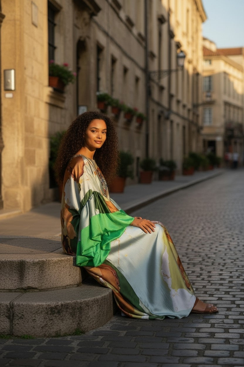 Sequin Kaftan Dress: Green, Gold, Orange Floral, One Size