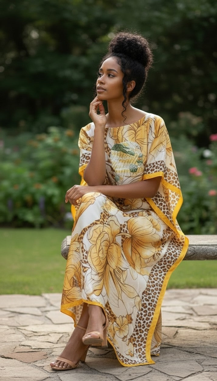 Sequin Afro-Girl Kaftan Dress with Scarf – Flowy Vacation Maxi Dress