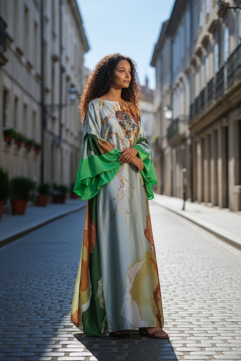 Sequin Kaftan Dress: Green, Gold, Orange Floral, One Size