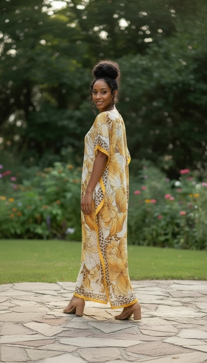Sequin Afro-Girl Kaftan Dress with Scarf – Flowy Vacation Maxi Dress