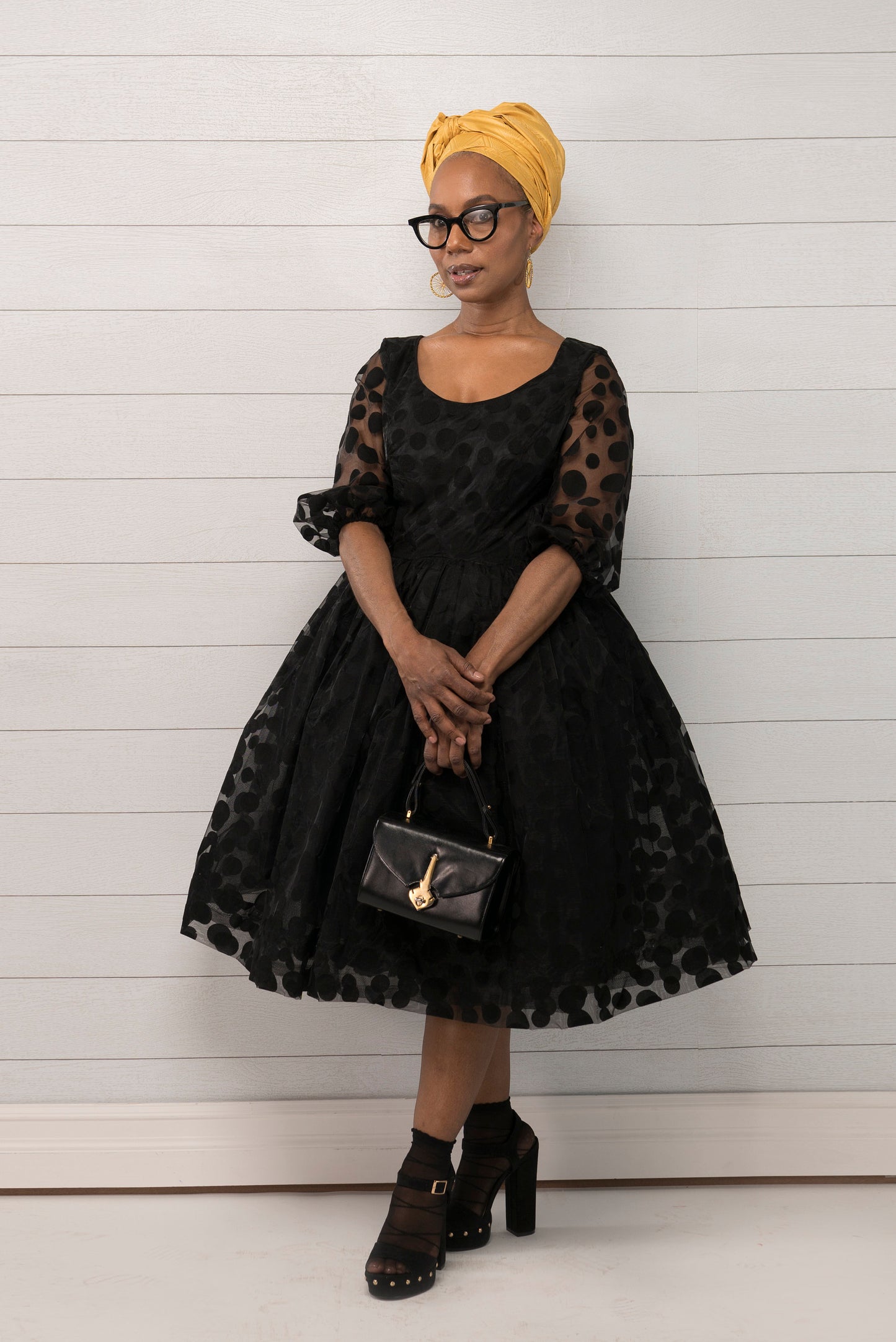 NEYUSI Belle Dress, Black Organza Belle Dress, 1950 style Scoop neck Dress