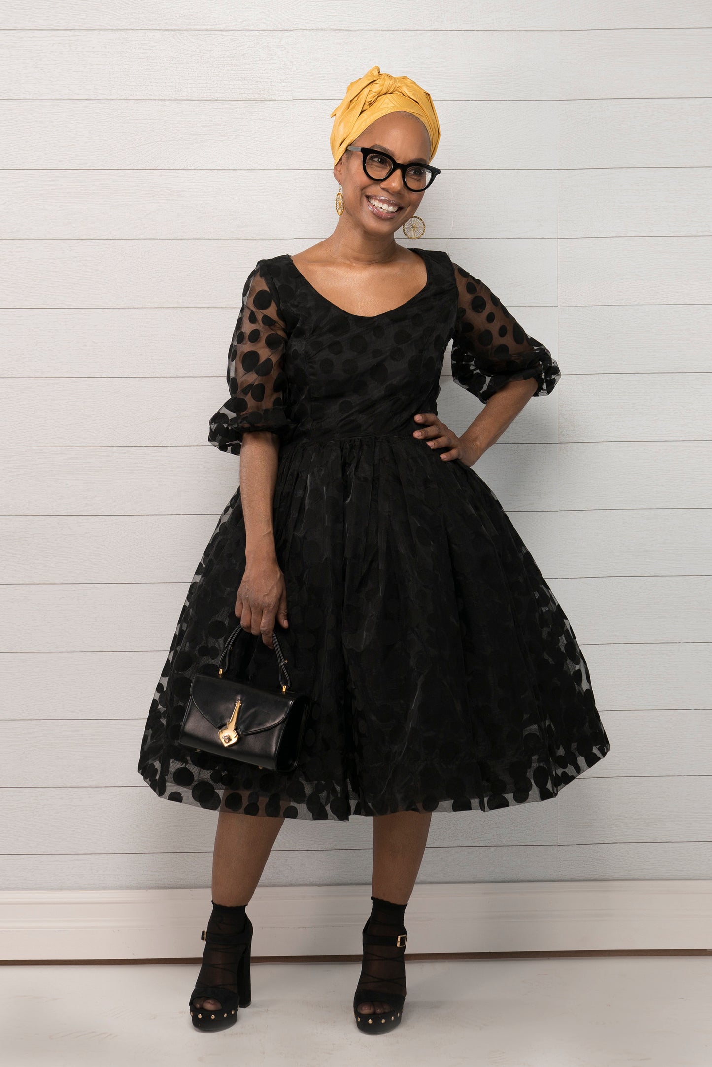 NEYUSI Belle Dress, Black Organza Belle Dress, 1950 style Scoop neck Dress