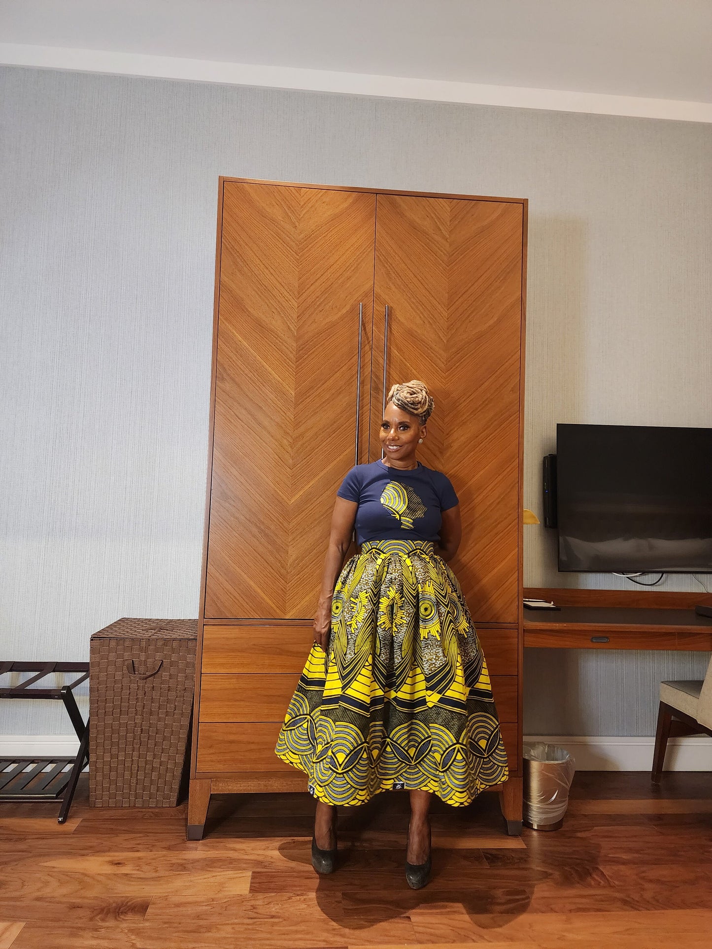 LiLiGirl Belle Skirt  Set | High Waist Yellow and Navy Midi Skirt with matching AfroGirl T-Shirt