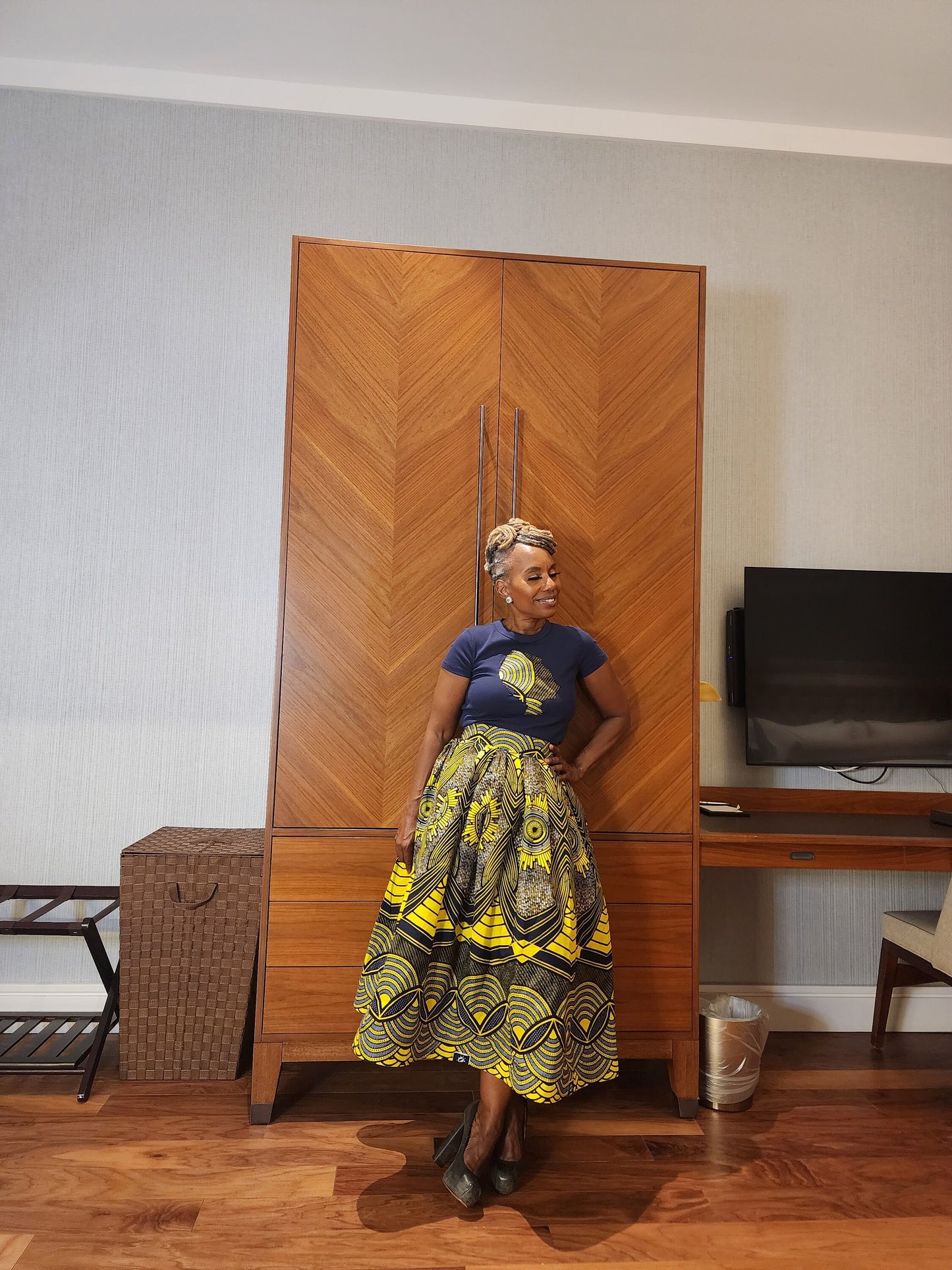 LiLiGirl Belle Skirt  Set | High Waist Yellow and Navy Midi Skirt with matching AfroGirl T-Shirt