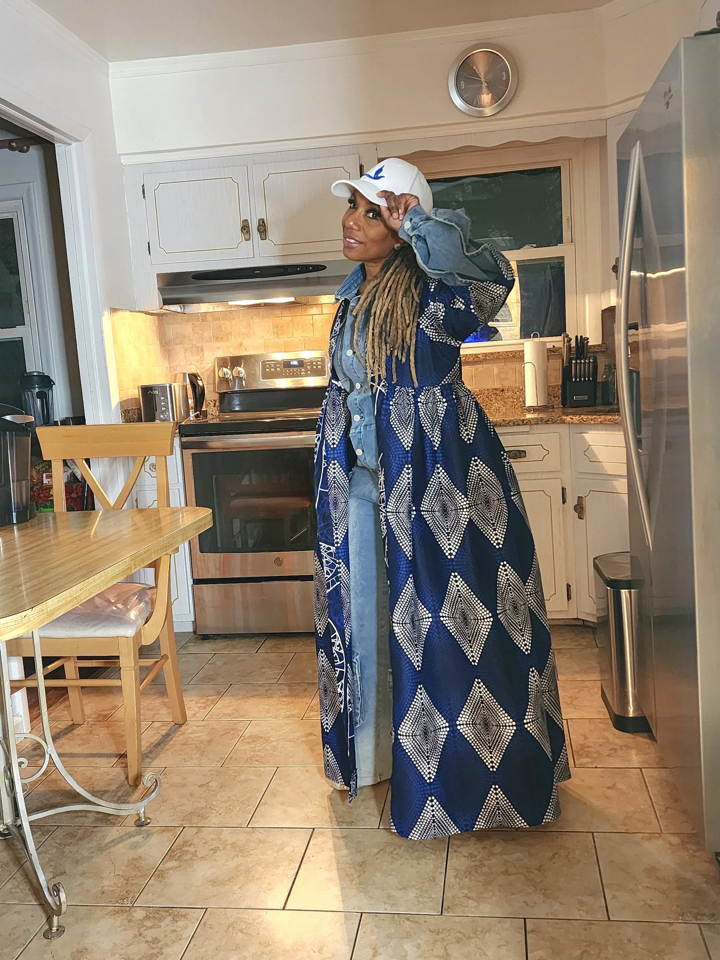 The Finer Harusi Kimono | Full-Length African Print Kimono | African Dresses  Zeta Phi Beta  | Black Royal Blue and White Kimono
