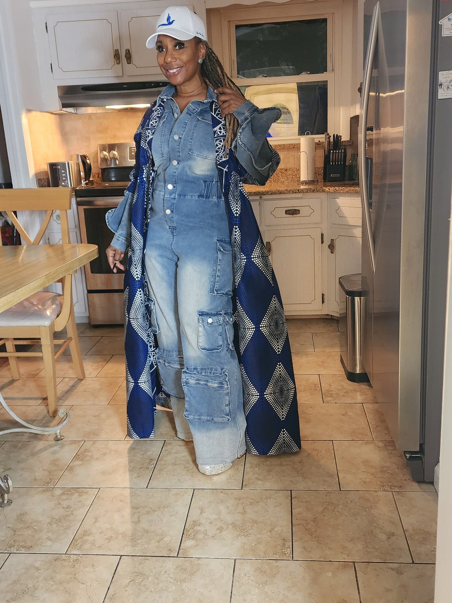 The Finer Harusi Kimono | Full-Length African Print Kimono | African Dresses  Zeta Phi Beta  | Black Royal Blue and White Kimono