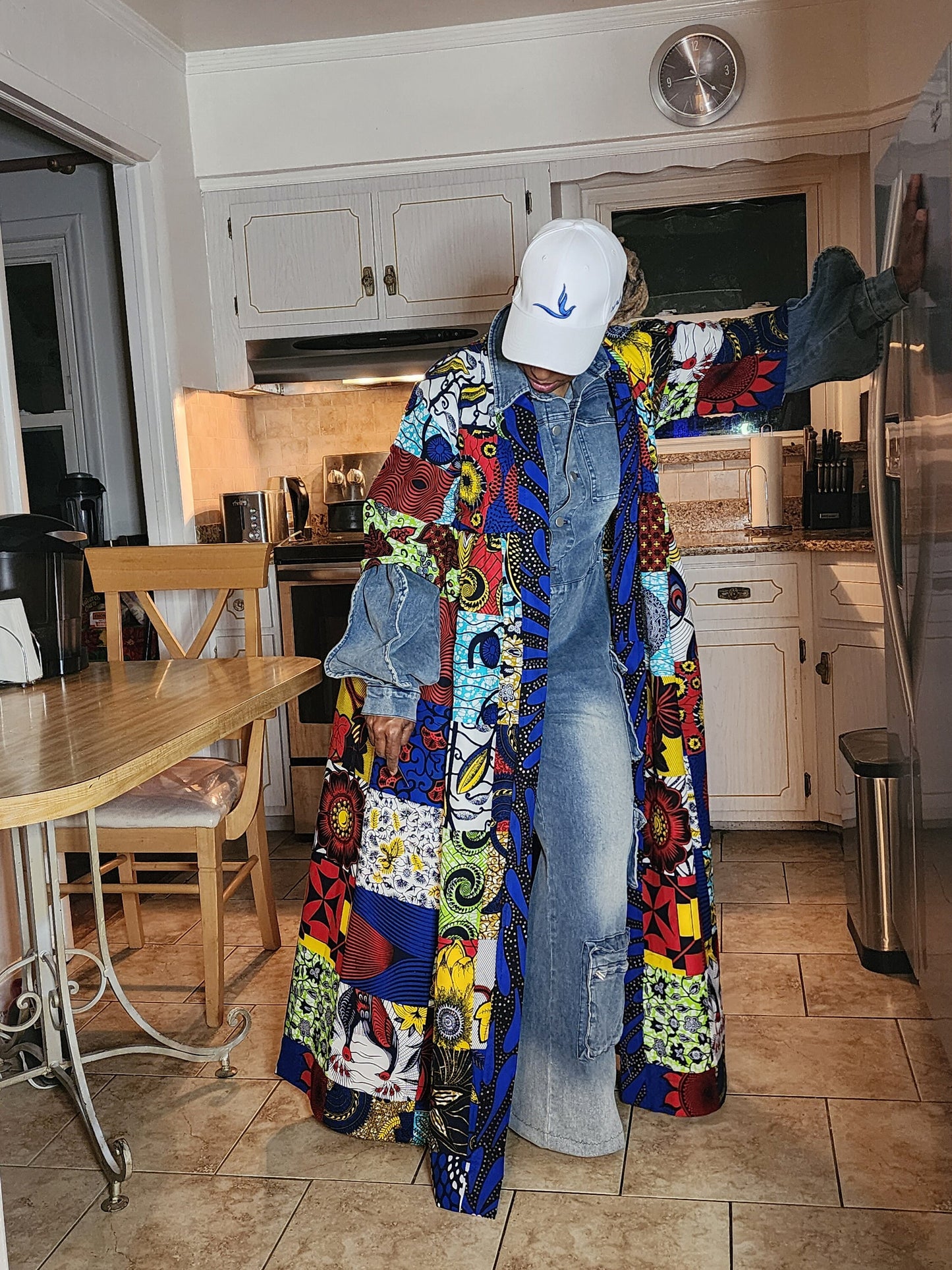 Harusi Kimono, Floor Length Royal Blue, White and Red Multi Color Patchwork  Print Mix Print Kimono, African, Zeta Phi Beta